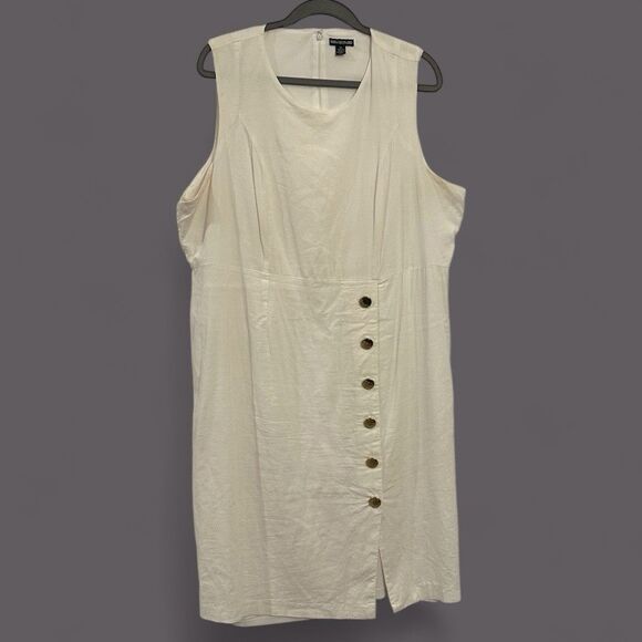 Nina Leonard White Buttercream Linen Sleeveless Dress Gold Buttons Size 16 - Picture 1 of 8
